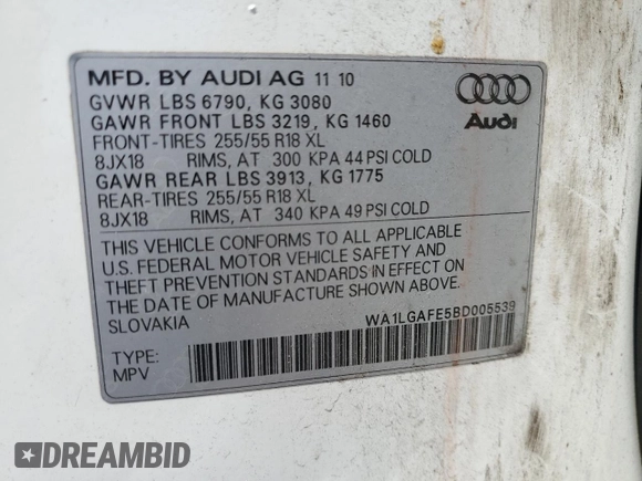 2011 Audi Q7 Premium Plus z VIN WA1LGAFE5BD005539, wystawiony jako Copart lot #59576094 z przebiegiem 164 156 mil mil oraz Nie do naprawy • Non repairable. Historia ofert i sprzedaży dostępna na DreamBid. Obrazek 13.