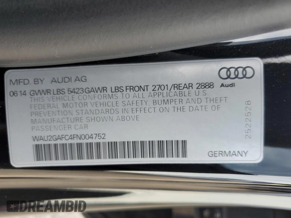 2015 Audi A7 Prestige with VIN WAU2GAFC4FN004752, listed as a Copart auction lot 59926045 with 125,855 mi miles and Salvage title. Bid and sale history available at DreamBid. Image 12.