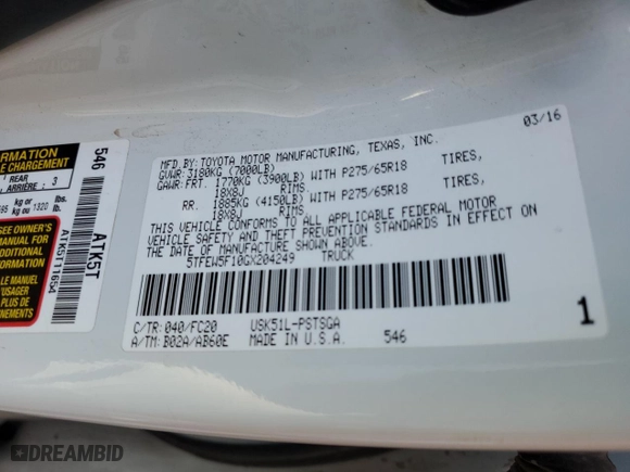 2016 Toyota Tundra 2WD Truck SR5 with VIN 5TFEW5F10GX204249, listed as a Copart auction lot 47046795 with 203,113 mi miles and Salvage Title. Bid and sale history available at carsss.com. Image 12.