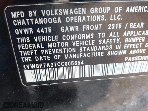 2012 Volkswagen Passat SE z VIN 1VWBP7A37CC005654, wystawiony jako IAAI lot #42019336 z przebiegiem 199 228 mil mil oraz . Historia ofert i sprzedaży dostępna na DreamBid. Obrazek 9.
