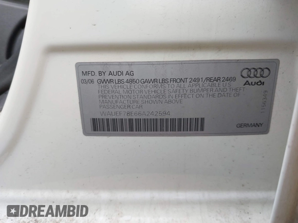 2006 Audi A4 2.0T z VIN WAUEF78E66A242594, wystawiony jako IAAI lot #41959505 z przebiegiem 144 669 mil mil oraz . Historia ofert i sprzedaży dostępna na DreamBid. Obrazek 9.