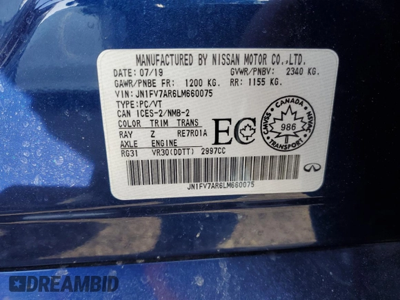 2020 Infiniti Q50 Red Sport 400 with VIN JN1FV7AR6LM660075, listed as a Copart auction lot 48220405 with 56,282 mi miles and Salvage Title. Bid and sale history available at carsss.com. Image 13.