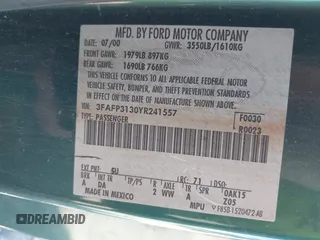 2000 Ford Focus ZX3 с VIN 3FAFP3130YR241557, выставлен на аукционе IAAI как лот 42485699 с пробегом 257 279 миль миль и . История ставок и продаж доступна на DreamBid. Изображение 9.