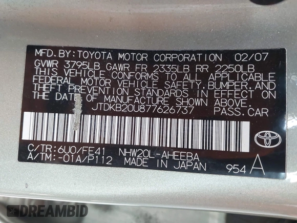 2007 Toyota Prius z VIN JTDKB20U877626737, wystawiony jako IAAI lot #42384250 z przebiegiem 128 560 mil mil oraz . Historia ofert i sprzedaży dostępna na DreamBid. Obrazek 9.