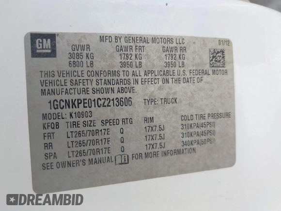2012 Chevrolet Silverado 1500 Work Truck with VIN 1GCNKPE01CZ213606, listed as a IAAI auction lot 41838525 with 97,102 mi miles and . Bid and sale history available at DreamBid. Image 9.