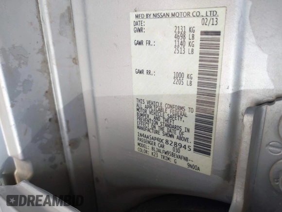 2013 Nissan Maxima SV with VIN 1N4AA5AP4DC828945, listed as a IAAI auction lot 41995127 with 169,754 mi miles and . Bid and sale history available at DreamBid. Image 9.