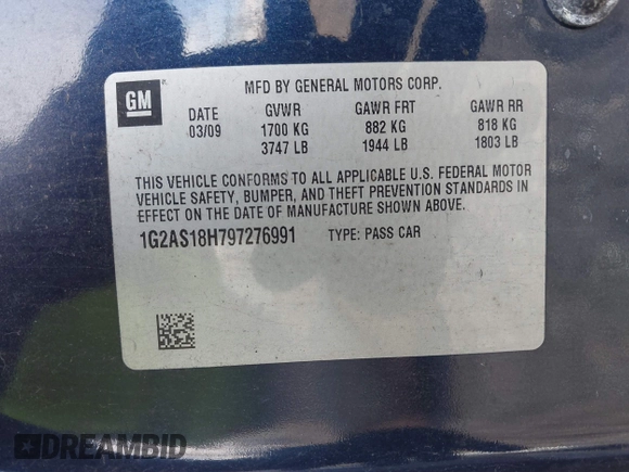 2009 Pontiac G5 with VIN 1G2AS18H797276991, listed as a IAAI auction lot 41855397 with 131,376 mi miles. Bid and sale history available at carsss.com. Image 9.