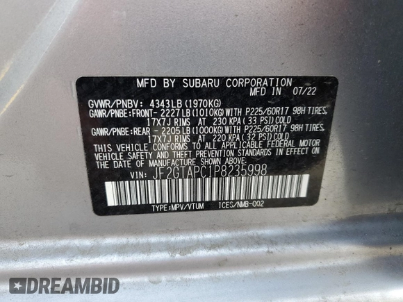 2023 Subaru Crosstrek Premium with VIN JF2GTAPC1P8235998, listed as a Copart auction lot 46813625 with 10,497 mi miles and Salvage title. Bid and sale history available at DreamBid. Image 13.
