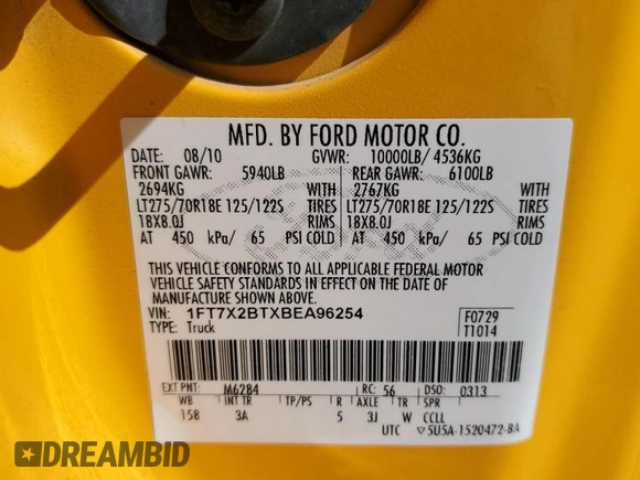 2011 Ford F-250 XL with VIN 1FT7X2BTXBEA96254, listed as a Copart auction lot 56044375 with 324,139 mi miles and Salvage title. Bid and sale history available at DreamBid. Image 12.
