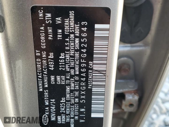 2015 Kia Optima SX Turbo with VIN 5XXGR4A69FG425643, listed as a Copart auction lot 64755095 with Not provided miles and Clean title. Bid and sale history available at DreamBid. Image 13.