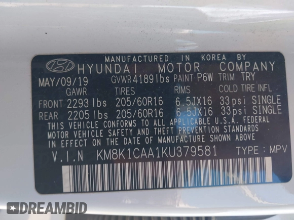 2019 Hyundai Kona SE with VIN KM8K1CAA1KU379581, listed as a IAAI auction lot 41998445 with 64,659 mi miles. Bid and sale history available at carsss.com. Image 9.