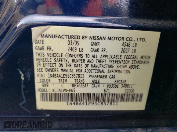 2005 Nissan Maxima 3.5 SL with VIN 1N4BA41E95C857811, listed as a Copart auction lot 54558844 with 0 mi miles and Salvage Title. Bid and sale history available at carsss.com. Image 15.