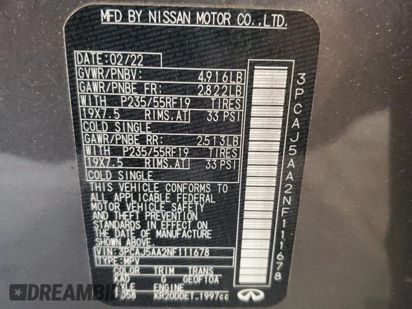2022 Infiniti QX50 Pure с VIN 3PCAJ5AA2NF111678, выставлен на аукционе Copart как лот 63796325 с пробегом 121 753 миль миль и Списание • Salvage title. История ставок и продаж доступна на DreamBid. Изображение 14.