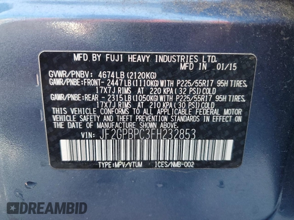 2015 Subaru Crosstrek Touring with VIN JF2GPBPC3FH232853, listed as a Copart auction lot 54689085 with 105,469 mi miles and Salvage title. Bid and sale history available at DreamBid. Image 14.
