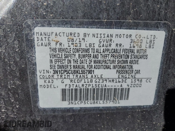 2019 Nissan Kicks S with VIN 3N1CP5CU8KL557901, listed as a Copart auction lot 49893755 with 57,168 mi miles and Clean Title. Bid and sale history available at carsss.com. Image 13.