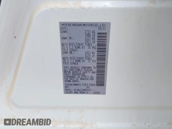 2015 Nissan Pathfinder SL with VIN 5N1AR2MM0FC707380, listed as a IAAI auction lot 42267523 with 186,383 mi miles and . Bid and sale history available at DreamBid. Image 9.