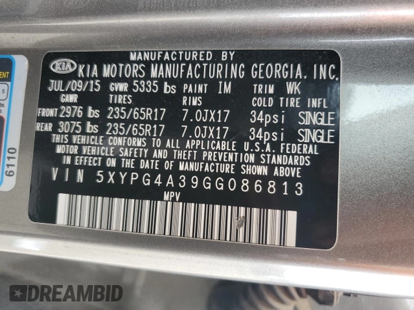 2016 Kia Sorento LX with VIN 5XYPG4A39GG086813, listed as a Copart auction lot 49260685 with 129,616 mi miles and Salvage Title. Bid and sale history available at DreamBid. Image 15.