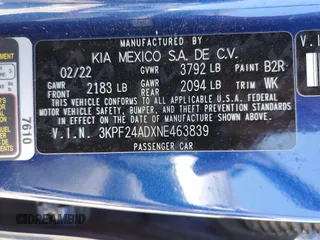 2022 Kia Forte LXS with VIN 3KPF24ADXNE463839, listed as a Copart auction lot 50041655 with 38,059 mi miles and Non Repairable. Bid and sale history available at DreamBid. Image 13.