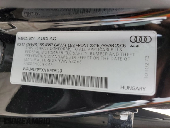 2017 Audi A3 Sedan Premium with VIN WAUAUGFFXH1063929, listed as a Copart auction lot 63546174 with 67,684 mi miles and Salvage Title. Bid and sale history available at carsss.com. Image 13.