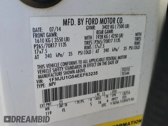 2014 Ford Expedition XL with VIN 1FMJU1G54EEF63235, listed as a Copart auction lot 81030154 with 139,542 mi miles and Clean title. Bid and sale history available at DreamBid. Image 13.