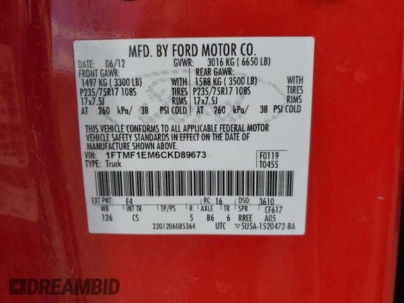 2012 Ford F-150 XL with VIN 1FTMF1EM6CKD89673, listed as a Copart auction lot 50267935 with 138,272 mi miles and Salvage title. Bid and sale history available at DreamBid. Image 14.