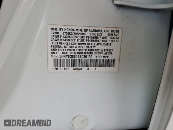 2009 Honda Pilot EX-L z VIN 5FNYF38649B026109, wystawiony jako Copart lot #55332375 z przebiegiem 155 956 mil mil oraz Szkoda całkowita • Salvage title. Historia ofert i sprzedaży dostępna na DreamBid. Obrazek 13.