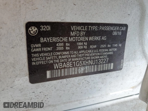 2017 BMW 3 Series 320i with VIN WBA8E1G5XHNU13227, listed as a Copart auction lot 52637135 with 97,458 mi miles and Salvage Title. Bid and sale history available at carsss.com. Image 14.