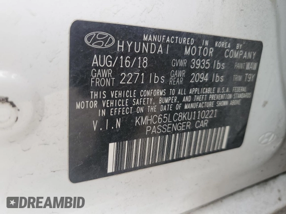 2019 Hyundai Ioniq Blue with VIN KMHC65LC8KU110221, listed as a Copart auction lot 53051765 with 62,030 mi miles and Salvage Title. Bid and sale history available at DreamBid. Image 12.