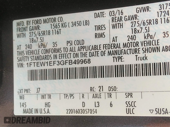2016 Ford F-150 XLT with VIN 1FTEW1EF3GFB49968, listed as a IAAI auction lot 42380710 with 138,953 mi miles and . Bid and sale history available at DreamBid. Image 9.