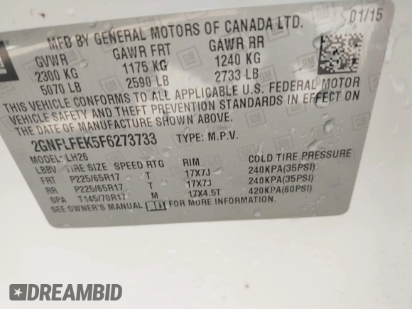 2015 Chevrolet Equinox LT with VIN 2GNFLFEK5F6273733, listed as a IAAI auction lot 42048422 with 111,177 mi miles and . Bid and sale history available at DreamBid. Image 9.