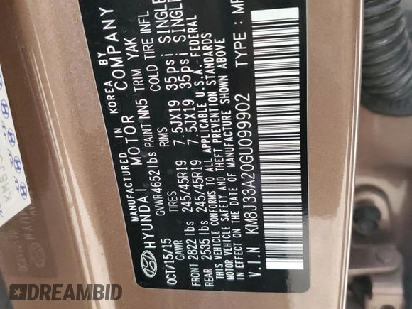 2016 Hyundai Tucson Limited with VIN KM8J33A20GU099902, listed as a Copart auction lot 43022115 with 86,966 mi miles and Salvage Title. Bid and sale history available at DreamBid. Image 13.