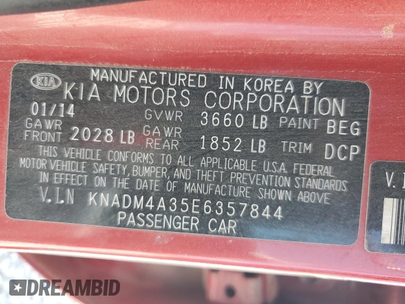 2014 Kia Rio LX with VIN KNADM4A35E6357844, listed as a Copart auction lot 55349705 with 173,026 mi miles and Clean Title. Bid and sale history available at DreamBid. Image 12.