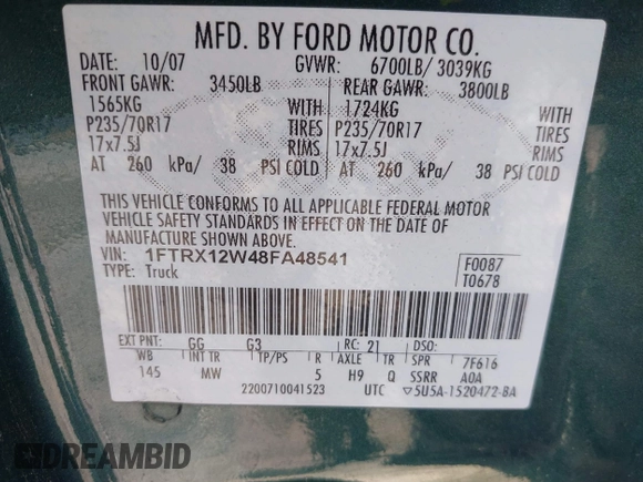 2008 Ford F-150 STX with VIN 1FTRX12W48FA48541, listed as a IAAI auction lot 41657020 with 328,755 mi miles and . Bid and sale history available at carsss.com. Image 9.