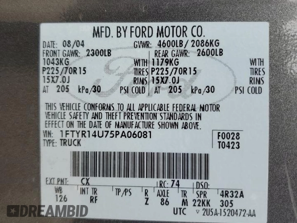 2005 Ford Ranger XL with VIN 1FTYR14U75PA06081, listed as a Copart auction lot 64883915 with 206,599 mi miles and Clean title. Bid and sale history available at DreamBid. Image 12.