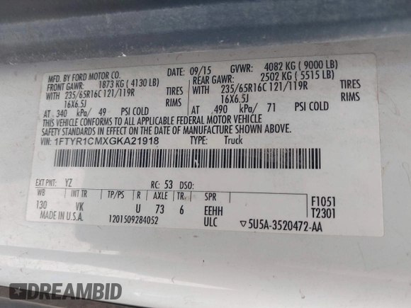 2016 Ford Transit Cargo with VIN 1FTYR1CMXGKA21918, listed as a IAAI auction lot 41528526 with 213,033 mi miles and . Bid and sale history available at DreamBid. Image 9.