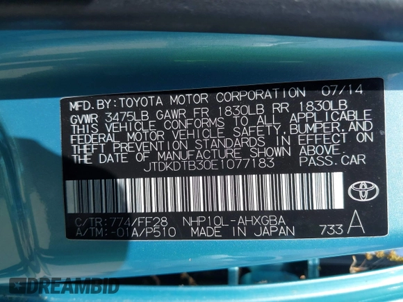 2014 Toyota Prius One with VIN JTDKDTB30E1077183, listed as a IAAI auction lot 42183675 with 92,560 mi miles and . Bid and sale history available at DreamBid. Image 9.