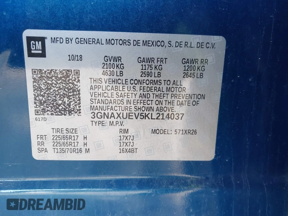 2019 Chevrolet Equinox LT with VIN 3GNAXUEV5KL214037, listed as a IAAI auction lot 41961928 with 97,867 mi miles and . Bid and sale history available at DreamBid. Image 9.