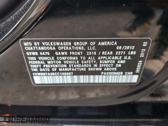 2012 Volkswagen Passat SE с VIN 1VWBH7A35CC108987, выставлен на аукционе Copart как лот 42007775 с пробегом 176 636 миль миль и Списание • Salvage title. История ставок и продаж доступна на DreamBid. Изображение 12.
