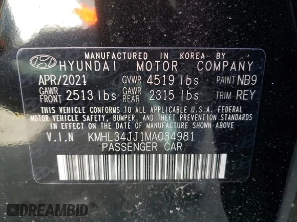 2021 Hyundai Sonata Hybrid SEL with VIN KMHL34JJ1MA034981, listed as a Copart auction lot 38107862 with 8,662 mi miles. Bid and sale history available at carsss.com. Image 10.