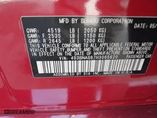 2017 Subaru Legacy Sport with VIN 4S3BNAS67H3065620, listed as a IAAI auction lot 41837936 with 141,488 mi miles. Bid and sale history available at carsss.com. Image 9.