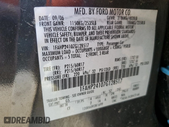 2007 Ford Five Hundred SEL z VIN 1FAHP24107G128517, wystawiony jako Copart lot #53248605 z przebiegiem 196 805 mil mil oraz Szkoda całkowita • Salvage title. Historia ofert i sprzedaży dostępna na DreamBid. Obrazek 15.