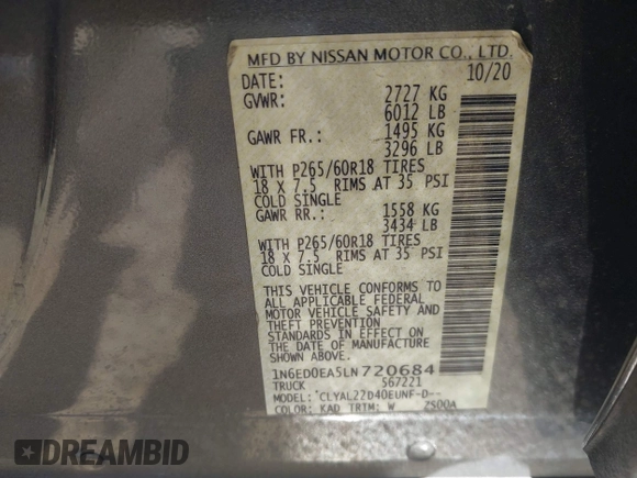 2020 Nissan Frontier SV with VIN 1N6ED0EA5LN720684, listed as a IAAI auction lot 41671345 with 38,398 mi miles and . Bid and sale history available at DreamBid. Image 9.