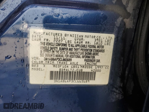 2012 Nissan Sentra S with VIN 3N1AB6AP3CL665689, listed as a Copart auction lot 53445155 with Not Provided miles and Salvage Title. Bid and sale history available at DreamBid. Image 12.