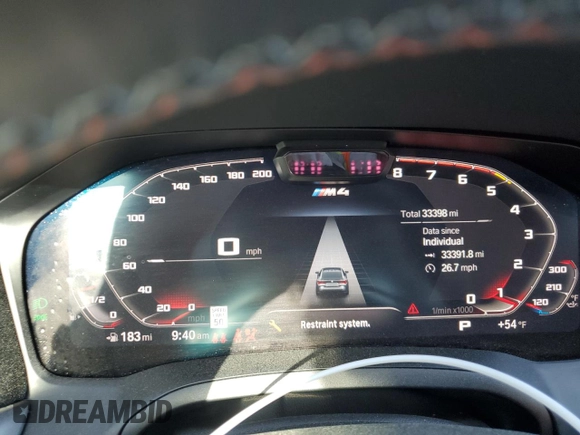 2023 BMW M4 Competition with VIN WBS33AZ03PCL68087, listed as a Copart auction lot 47988205 with 33,398 mi miles and Salvage Title. Bid and sale history available at carsss.com. Image 9.
