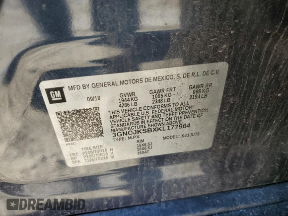 2019 Chevrolet Trax LS with VIN 3GNCJKSBXKL177964, listed as a Copart auction lot 49544625 with 86,476 mi miles and Salvage Title. Bid and sale history available at carsss.com. Image 14.