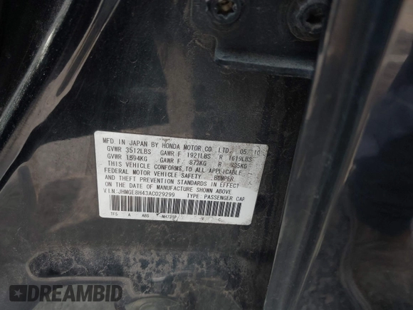 2010 Honda Fit Sport with VIN JHMGE8H43AC029299, listed as a IAAI auction lot 41906373 with 188,339 mi miles and . Bid and sale history available at DreamBid. Image 9.