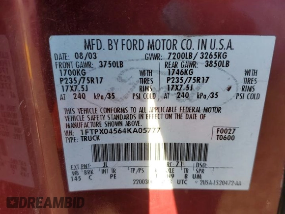 2004 Ford F-150 XLT z VIN 1FTPX04564KA05777, wystawiony jako Copart lot #88068025 z przebiegiem 208 703 mil mil oraz Szkoda całkowita • Salvage title. Historia ofert i sprzedaży dostępna na DreamBid. Obrazek 12.