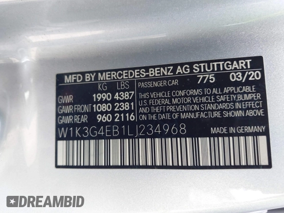 2020 Mercedes-Benz A 220 with VIN W1K3G4EB1LJ234968, listed as a IAAI auction lot 41707977 with 50,171 mi miles and . Bid and sale history available at DreamBid. Image 9.