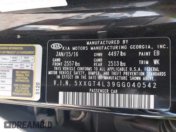 2016 Kia Optima LX z VIN 5XXGT4L39GG040542, wystawiony jako IAAI lot #42054804 z przebiegiem 112 018 mil mil oraz . Historia ofert i sprzedaży dostępna na DreamBid. Obrazek 9.