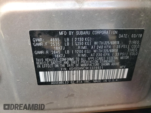 2019 Subaru Outback Limited with VIN 4S4BSANC9K3329921, listed as a Copart auction lot 83369264 with 38,665 mi miles and Salvage Title. Bid and sale history available at DreamBid. Image 13.